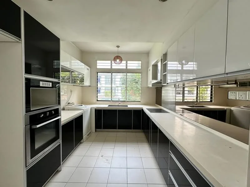 Kitchen features: black cabinetry, white upper cabinets, stainless-steel built-in oven, stainless-steel microwave, single-bowl stainless-steel sink, chrome pull-down faucet, white countertop, tile flooring, window with grid design, recessed lighting, open shelving, dishwasher, kitchen island; style: modern; view: garden.