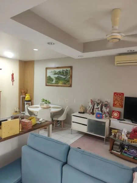Living features: light blue fabric sofa, 3-blade ceiling fan, wall-mounted TV, white TV console, decorative wall art, wooden dining table, 4 white dining chairs, cream tiled flooring, air conditioning unit, wood panel accent wall, decorative items on shelves; style: modern.