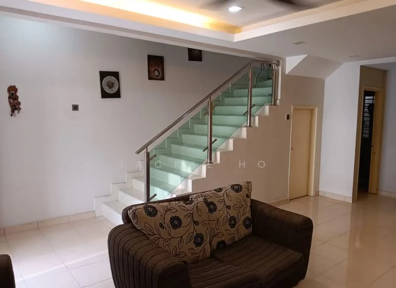 Living features: cream painted walls, white ceiling, recessed downlights, staircase with glass railing, tile flooring, sofa with floral pattern, decorative wall art, doorway leading to another room; style: modern.