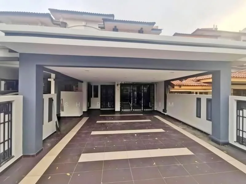 Exterior type: detached bungalow; features: flat roof, grey painted facade, white painted walls, paved driveway, covered car porch, black wrought iron gates, mature trees in landscaping, interlocking pavers, exterior lighting, open-air entrance, surrounded by low walls; style: modern.