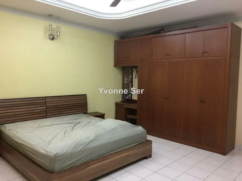 Bedroom features: queen-size bed with mattress, wooden headboard, built-in wooden wardrobe, cream painted walls, white tiled flooring, ceiling fan, wall-mounted light fixture, study desk area; style: modern.