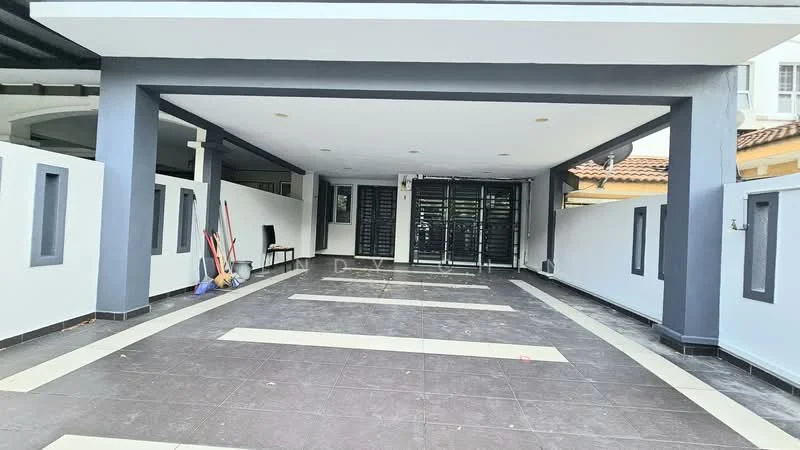 Exterior type: car porch; features: covered car porch, grey painted walls, black tiled flooring, white painted walls, sliding metal gate, two vertical windows, outdoor lighting, space for multiple vehicles; style: modern.
