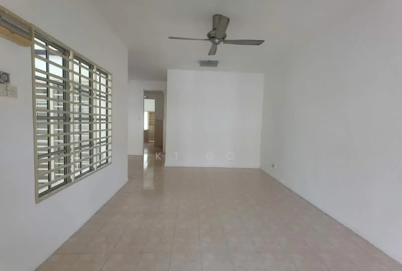 Living features: white painted walls, glossy tile flooring, ceiling fan, large window with metal grille, open layout, neutral color scheme, no visible furniture, bright natural light; style: modern.