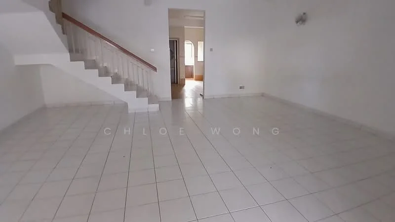 Living features: white painted walls, tile flooring, staircase with wooden railing, large windows for natural light, neutral color scheme, open layout, no visible furniture, high ceiling; style: modern.