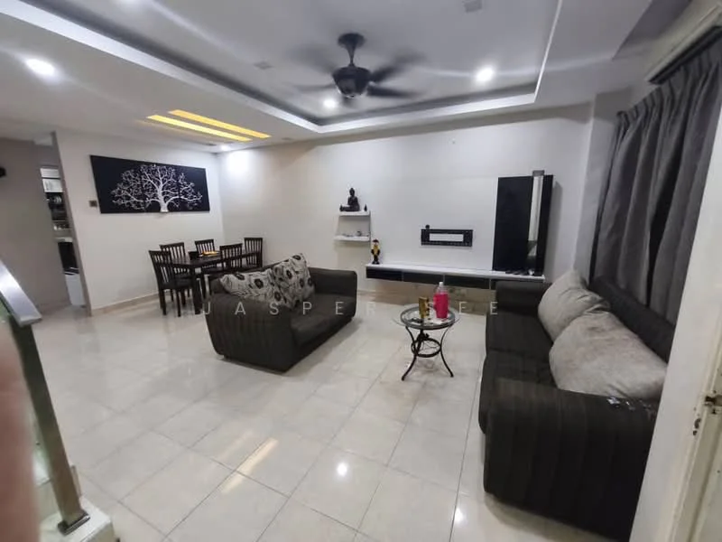 Living features: 3-seater fabric sofa in dark brown, 2-seater fabric sofa in light grey, coffee table with metal base, wall-mounted TV unit, decorative wall art, ceiling fan with light, recessed ceiling lights, tile flooring, curtains in grey, open dining area, dining table with 4 chairs; style: modern.