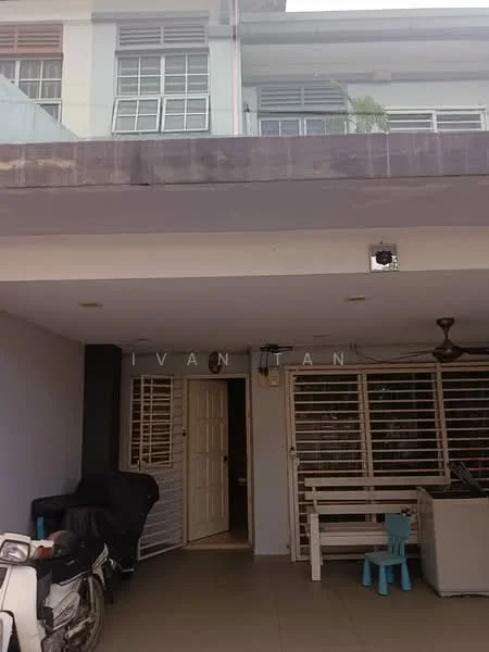Exterior type: linked terrace house; features: grey painted facade, double-storey, sliding glass door, white main entrance door, outdoor ceiling fan, tiled flooring, covered porch area, window grilles, manicured landscaping, motorbike parked, outdoor seating area; style: modern.