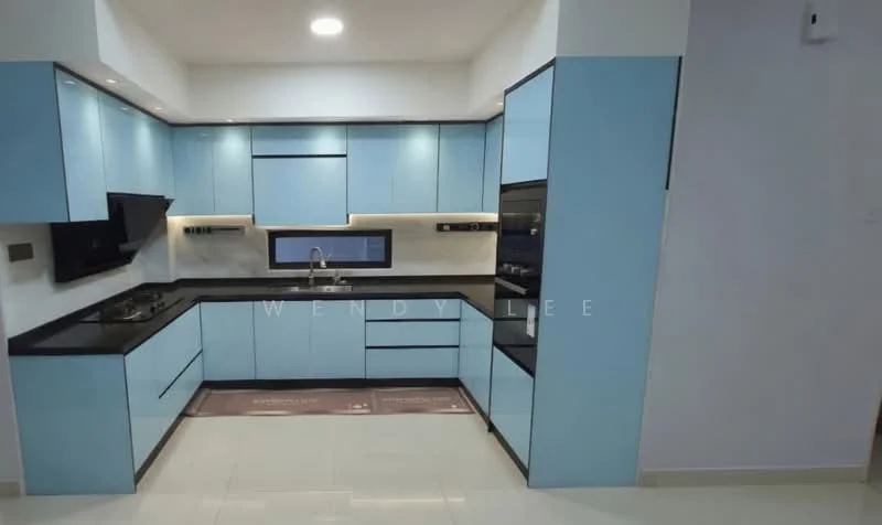 Kitchen features: blue cabinetry, black countertop, stainless-steel sink, chrome pull-down faucet, built-in oven, freestanding range oven, ceramic tile flooring, recessed downlights, wall-mounted cabinets, open shelving, backsplash with light-colored tiles, kitchen rug; style: modern.