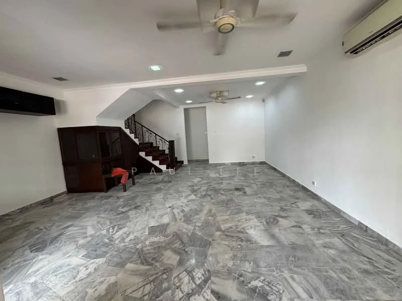 Living features: marble flooring, white painted walls, ceiling fan, wall-mounted air conditioning unit, staircase with wooden railing, recessed downlights, built-in cabinetry, open layout; style: modern.