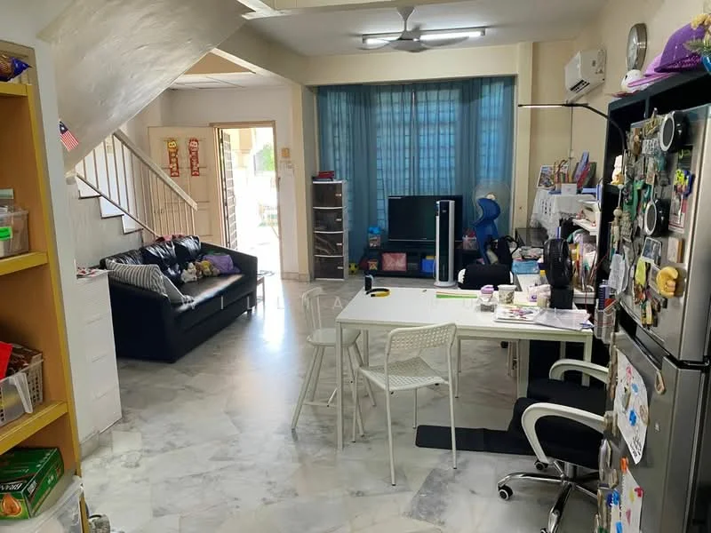 Living features: marble tile flooring, 5-blade ceiling fan with light, floor-to-ceiling windows with blue curtains, black fabric sofa with decorative cushions, white dining table with four chairs, wall-mounted TV, open shelving unit with books and decor, refrigerator with magnets on the door, air conditioning unit on the wall, decorative wall art, light-colored walls, staircase leading to upper floor; style: modern.