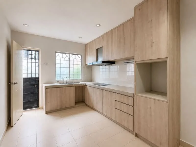 Kitchen features: light wood cabinetry, white countertop, built-in oven, stainless-steel range hood, single-bowl stainless-steel sink, chrome pull-down faucet, ceramic tile flooring, window with grid pattern, door with glass panel, recessed downlights; style: modern.