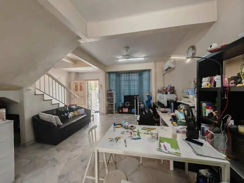 Living features: marble flooring, white painted walls, exposed beams on ceiling, 5-blade ceiling fan, floor-to-ceiling windows with sheer curtains, black sofa, white dining table, plastic chairs, decorative wall clock, air conditioning unit, shelves with various items, open layout to staircase; style: modern.