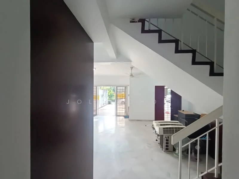 Room features: white painted walls, marble flooring, staircase with white railing, ceiling fan, large sliding glass door, windows with no treatments, open layout, interior door leading to another room, air conditioning unit, light source from ceiling; style: modern; view: garden.