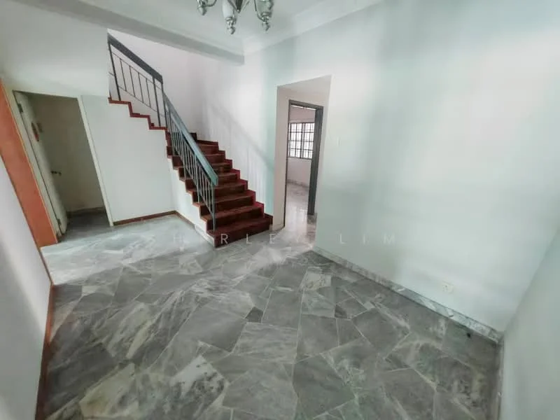 Room features: marble flooring, white painted walls, staircase with metal railing, ceiling light fixture, doorway leading to another room, doorway leading to staircase, large window, open layout; style: modern.