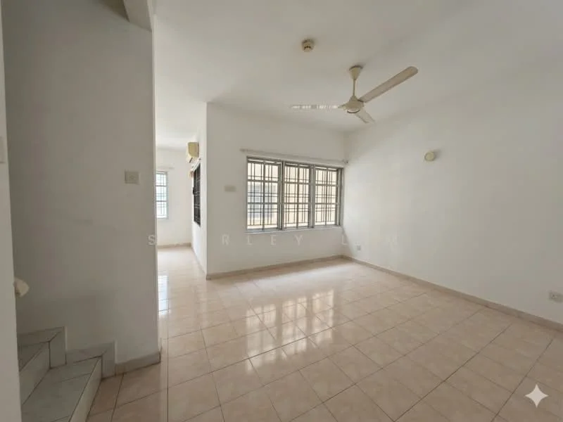 Living features: white painted walls, cream tiled flooring, 5-blade ceiling fan, large windows with grid pattern, natural light, open layout, wall-mounted light fixture, staircase visible; style: minimalist.