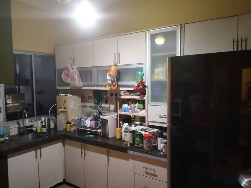Kitchen features: black countertop, light-colored cabinetry, glass-front upper cabinets, stainless-steel fridge, built-in microwave, kettle, various food containers, sink with faucet, multiple bags hanging, window with view, overhead lighting.