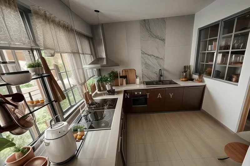 Kitchen features: white cabinets with wood accents, marble backsplash, stainless-steel sink, chrome pull-down faucet, built-in oven, 4-burner gas hob, stainless-steel range hood, countertop with wood cutting board, open shelving with decorative items, large windows with sheer curtains, tile flooring, greenery visible outside; style: modern; view: garden.