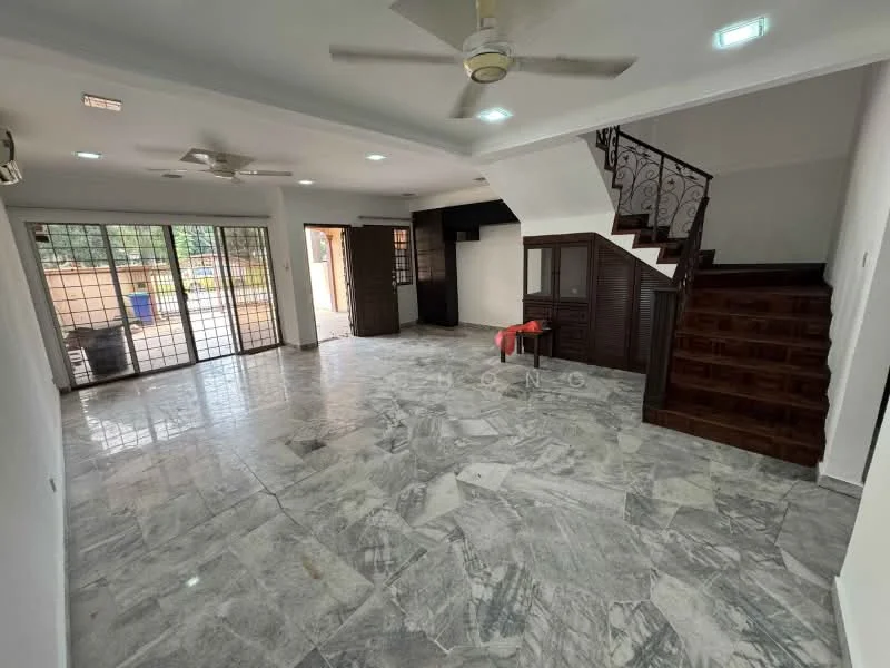 Living features: marble flooring, white painted walls, tray ceiling, 5-blade ceiling fan, 2 wall-mounted split ACs, floor-to-ceiling windows, wooden staircase, wooden cabinetry, open layout, natural light, access to outdoor area; style: modern; view: garden.