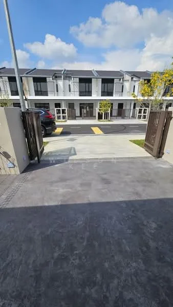 Exterior type: linked terrace house; features: two-storey building, white painted facade, glass windows, manicured lawn, paved driveway, parking spaces visible, modern architectural design, surrounded by greenery, gated entrance; style: modern.