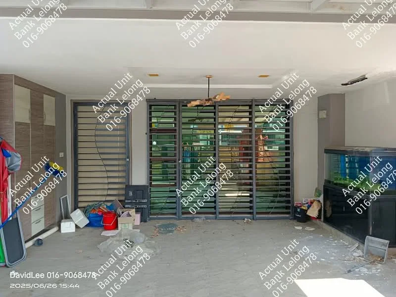 Living features: grey tiled flooring, large glass sliding doors, metal window grilles, ceiling fan, wall-mounted aquarium, built-in cabinetry, open layout, natural light from windows, unfinished decor, exposed ceiling beams; style: modern; view: garden.