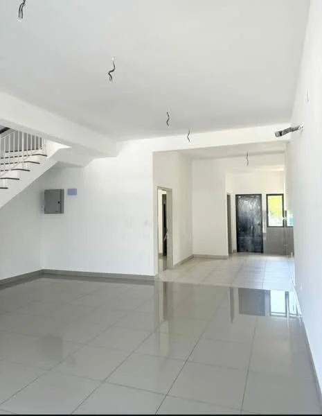 Room features: white painted walls, grey tile flooring, staircase with white railing, large windows, ceiling with exposed wiring, open layout, doorway leading to another room, light fixtures on ceiling; style: modern.