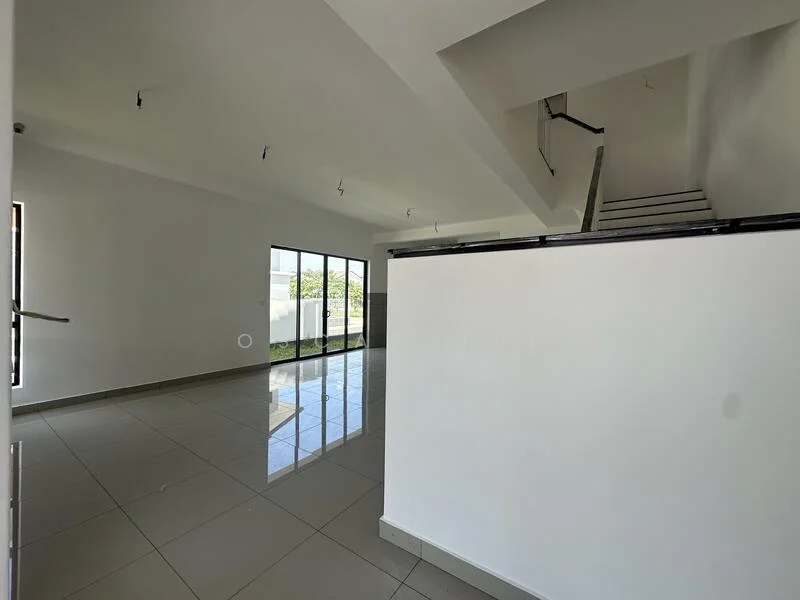Room features: white painted walls, grey tiled flooring, large floor-to-ceiling windows, sliding glass door, staircase with metal railing, recessed downlights, open layout, natural light; style: modern; view: garden.