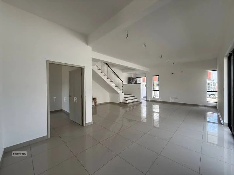 Living features: white painted walls, grey tiled flooring, exposed ceiling with recessed downlights, large floor-to-ceiling windows, sliding glass door, open layout, staircase with white railing, natural light from multiple windows; style: modern. Room features: white painted walls, grey tiled flooring, doorway leading to another room.