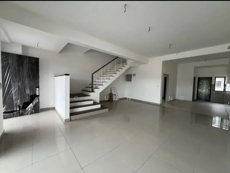 Room features: white painted walls, polished ceramic tile flooring, staircase with white railing, large windows for natural light, open layout, ceiling lights, corner wall with black marble finish, no visible furniture; style: modern.