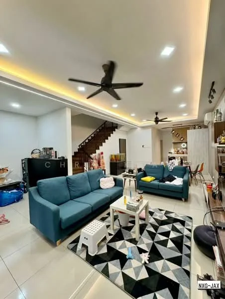 Living features: 3-seater fabric sofa in teal, 2-seater fabric sofa in teal, area rug with geometric pattern, ceiling fan, recessed LED downlights, wall-mounted TV, coffee table, decorative items on shelves, staircase in background, white painted walls, tile flooring; style: modern.