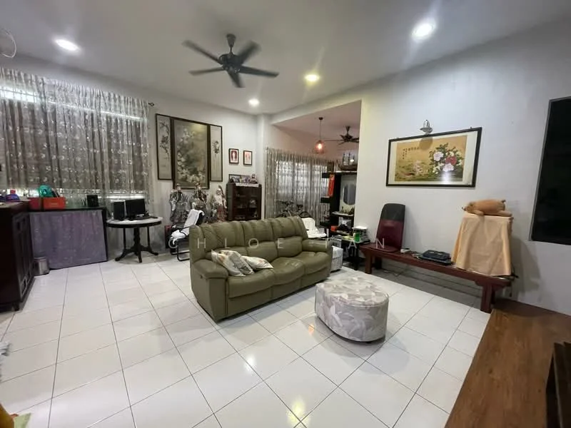 Living features: 3-seater leather sofa in olive green, round ottoman, wall-mounted TV, wooden console table, white tiled flooring, ceiling fan with light, large windows with sheer curtains, decorative wall art, wooden side table, area rug, open layout to dining area; style: contemporary.