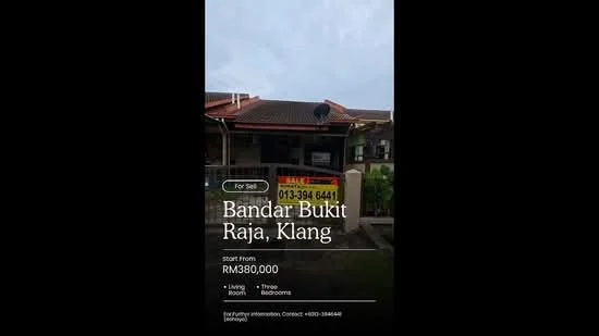 Exterior type: linked terrace house; features: red tiled roof, cream painted facade, satellite dish on roof, front yard with grass, manicured landscaping, driveway with interlocking pavers, single-storey, front porch, visible for sale sign; style: modern.
