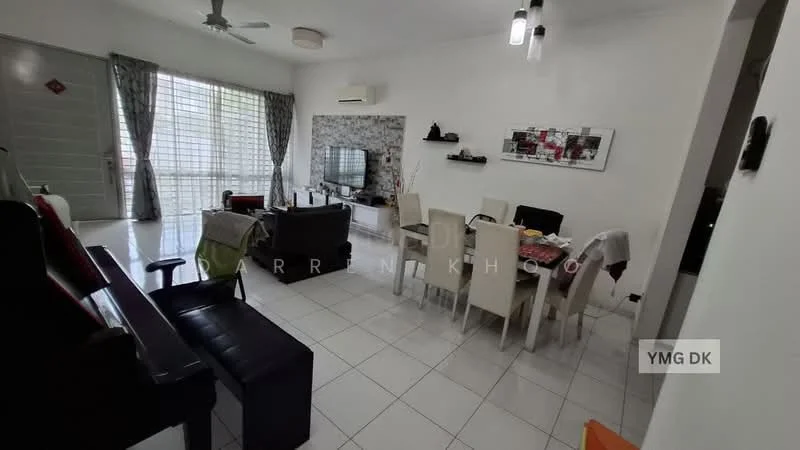 Living features: white painted walls, ceramic tile flooring, 5-blade ceiling fan, recessed LED downlights, wall-mounted TV, black TV console, dining table with white chairs, sofa in dark color, large windows with sheer curtains, decorative wall art, open layout, air conditioning unit; style: modern; view: garden.