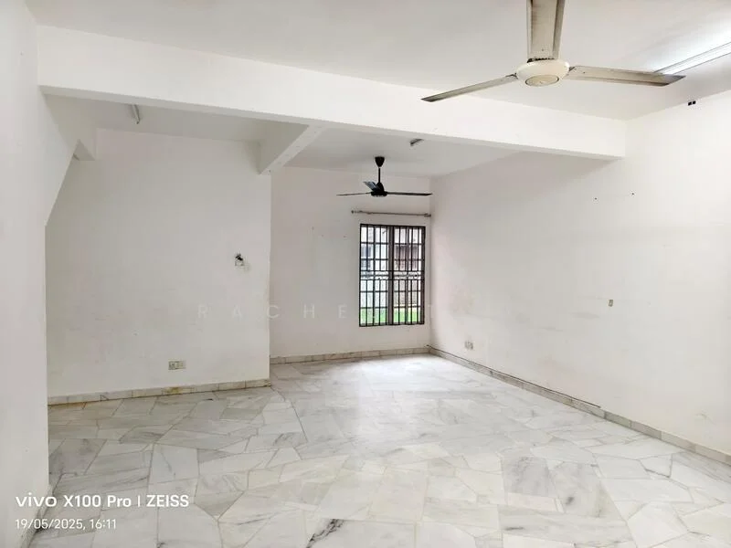 Room features: white painted walls, marble flooring, ceiling fan, window with grille, natural light from window, plain ceiling, corner wall with no features, open layout; style: minimalist; view: garden.