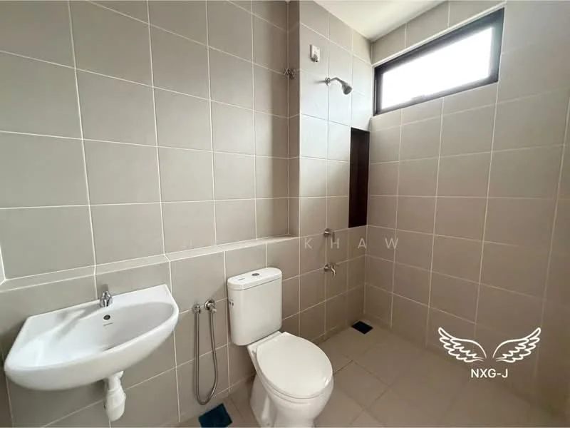 Bathroom features: grey tiled walls, grey tiled flooring, single-sink vanity with wall-mounted faucet, one-piece toilet, handheld shower, glass shower enclosure, window for natural light; style: modern.