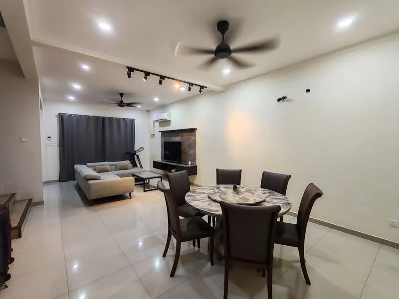 Dining features: round dining table, upholstered dining chairs, marble tabletop, ceiling fan, recessed LED downlights, white painted walls, tile flooring, wall-mounted TV, sofa in grey fabric, black curtains; style: modern. Living features: 3-seater fabric sofa in grey, wall-mounted TV, white painted walls, tile flooring, ceiling fan, recessed LED downlights; style: modern.