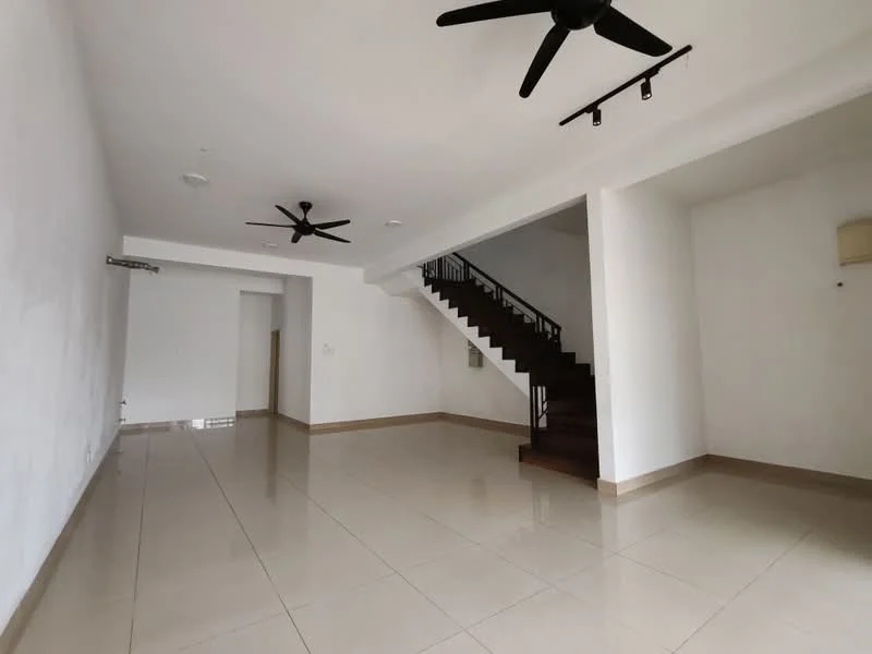 Living features: white painted walls, glossy ceramic tile flooring, 2 ceiling fans, recessed LED downlights, staircase with wooden steps, open layout, large windows, neutral color scheme; style: modern.