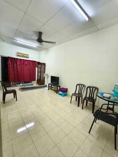 Living features: white painted walls, glossy tile flooring, ceiling fan, recessed lighting, red curtains, wooden framed glass door, TV console, wall-mounted TV, two black chairs, plastic stool, small round table, floor fan.