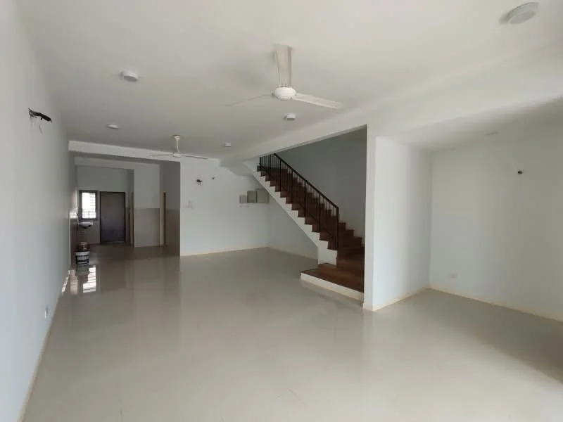 Living features: white painted walls, glossy ceramic tile flooring, ceiling fan, staircase with wooden steps, recessed downlights, open layout, large windows for natural light, neutral color scheme; style: modern.
