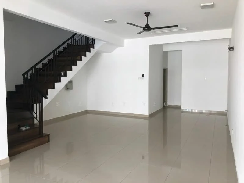 Living features: white painted walls, polished ceramic tile flooring, 5-blade ceiling fan, staircase with wooden steps, recessed ceiling lights, open layout, large windows, neutral color scheme; style: modern. Room features: white painted walls, polished ceramic tile flooring, recessed ceiling lights, neutral color scheme.
