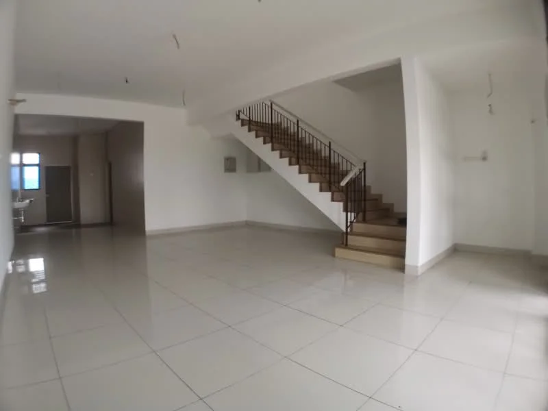 Room features: white painted walls, glossy ceramic tile flooring, staircase with wooden steps and metal railing, large windows allowing natural light, open layout, high ceiling, no visible furniture or decor; style: modern.