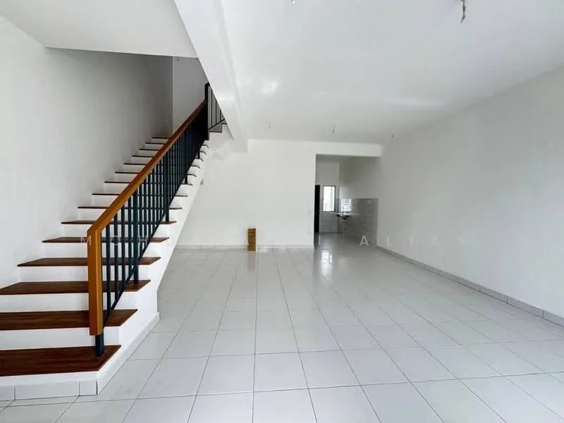 Living features: white painted walls, white ceiling, ceramic tile flooring, staircase with wooden handrail, open layout, large windows, natural light, neutral color scheme; style: modern. Kitchen features: white painted walls, ceramic tile flooring, kitchen area visible, counter space, cabinets, sink, appliances area; style: modern.