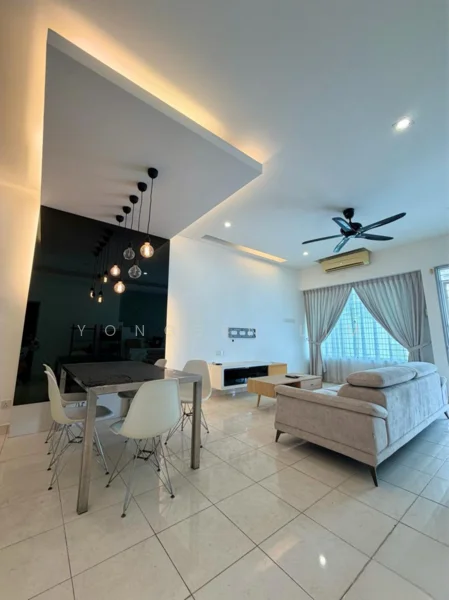 Living features: white painted walls, polished marble flooring, tray ceiling with recessed lighting, 5-blade ceiling fan, large windows with sheer curtains, sofa in light grey fabric, glass coffee table, TV console, dining table with 4 white chairs, pendant lighting above dining area; style: modern; view: city.