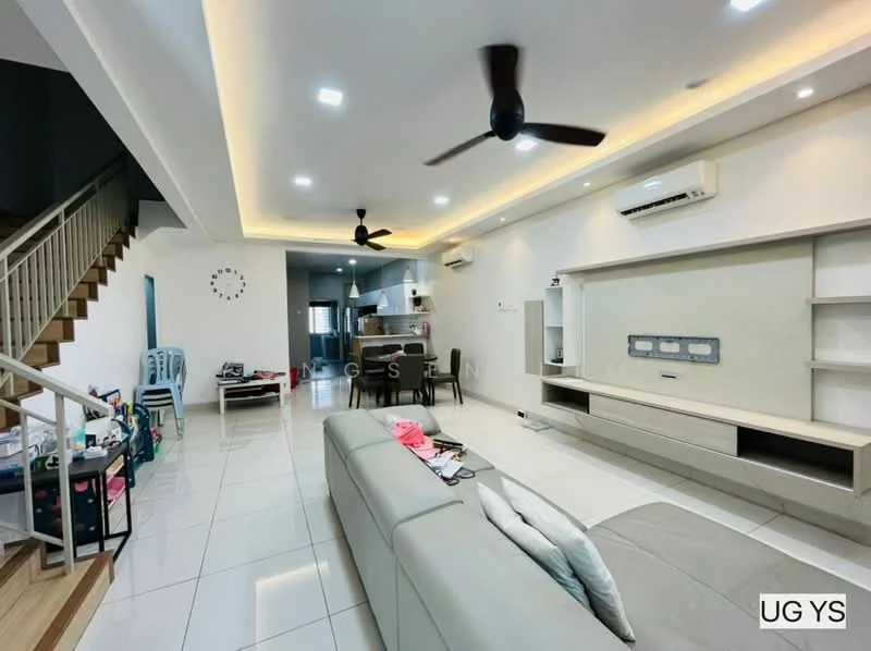 Living features: white painted walls, glossy white tile flooring, tray ceiling with recessed lighting, 5-blade ceiling fan, wall-mounted TV, built-in entertainment unit, sofa in light grey, coffee table, air conditioning unit, decorative wall clock, open layout to kitchen, staircase visible in background; style: modern.