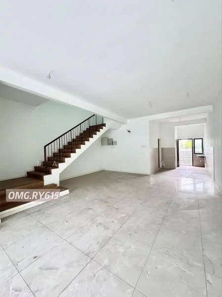 Room features: white painted walls, marble tile flooring, staircase with wooden steps and metal railing, large windows for natural light, open layout, door leading to outdoor space, ceiling lights, corner for potential cabinetry or appliances; style: modern.