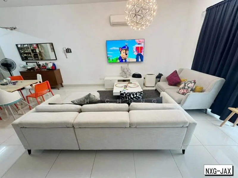 Living features: 3-seater fabric sofa in light grey, 2-seater fabric sofa in light grey, coffee table, wall-mounted TV, entertainment unit, area rug, chandelier, recessed downlights, floor-to-ceiling curtains in dark blue, white painted walls, ceramic tile flooring, air conditioning unit on wall, decorative items on shelves; style: modern. Dining features: 6-seater dining table, colorful dining chairs, sideboard, decorative items on sideboard; style: modern.
