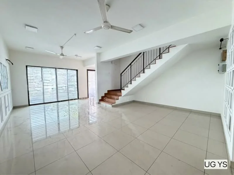 Living features: white painted walls, glossy ceramic tile flooring, 5-blade ceiling fan with light, recessed LED downlights, floor-to-ceiling windows, sliding glass door, staircase with wooden steps, open layout, natural light from windows, air conditioning unit on wall; style: modern; view: garden.