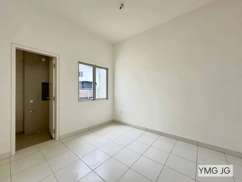 Room features: white painted walls, tile flooring, single window, door leading to bathroom, neutral color scheme, no visible furniture, high ceiling, minimal decor; style: minimalist.