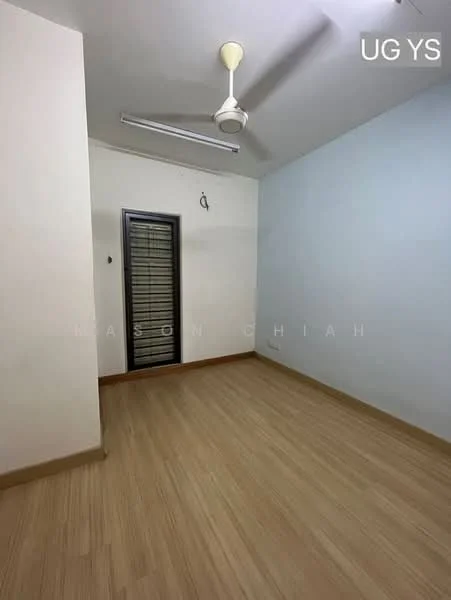 Room features: light wood laminate flooring, light blue painted walls, white ceiling, ceiling fan, black security grille door, single light fixture, no visible furniture or decor; style: minimalist.