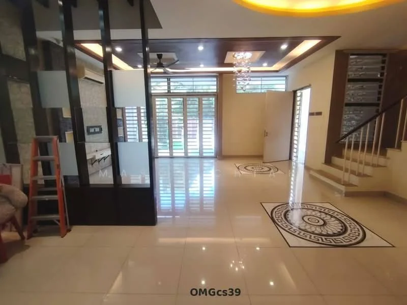 Living features: glossy tile flooring, tray ceiling with recessed lighting, ceiling fan, large glass sliding doors, decorative wall paneling, feature wall with artwork, open layout, natural light from windows, staircase with wooden railing, decorative floor tiles, wall-mounted light fixtures; style: modern; view: garden.