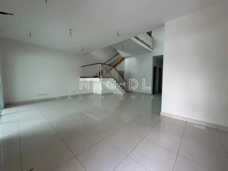 Room features: white painted walls, grey floor tiles, staircase with wooden railing, large windows, open layout, high ceiling, recessed lighting, no visible furniture; style: modern.