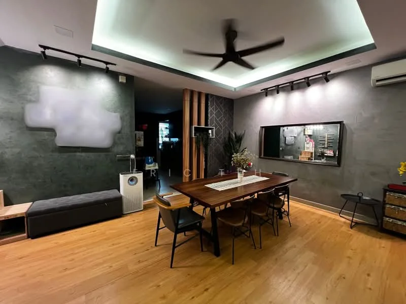 Dining features: wooden dining table, black dining chairs, 5-blade ceiling fan with light, recessed downlights, grey accent wall, wood paneling, air conditioning unit, decorative wall mirror, laminate flooring, decorative vase with flowers, wall-mounted artwork, open shelving unit; style: modern.
